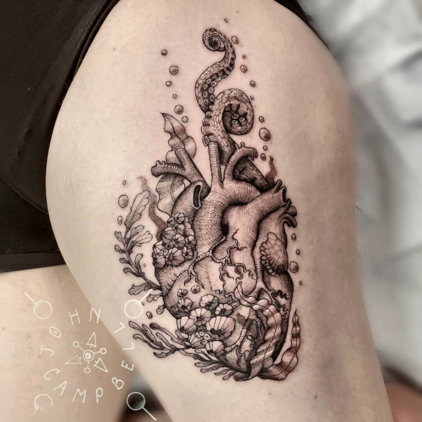 Anatomical heart under the ocean black and grey fine line tattoo. Book a custom tattoo with John at Sacred Mandala Studio - Durham, NC.